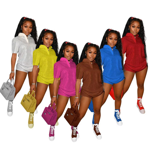 Shorts Sets Two Pieces Solid Turn down Collar T Shirts Sheath Shorts Matching Sets Slim Sexy Diamonds High Street Pockets