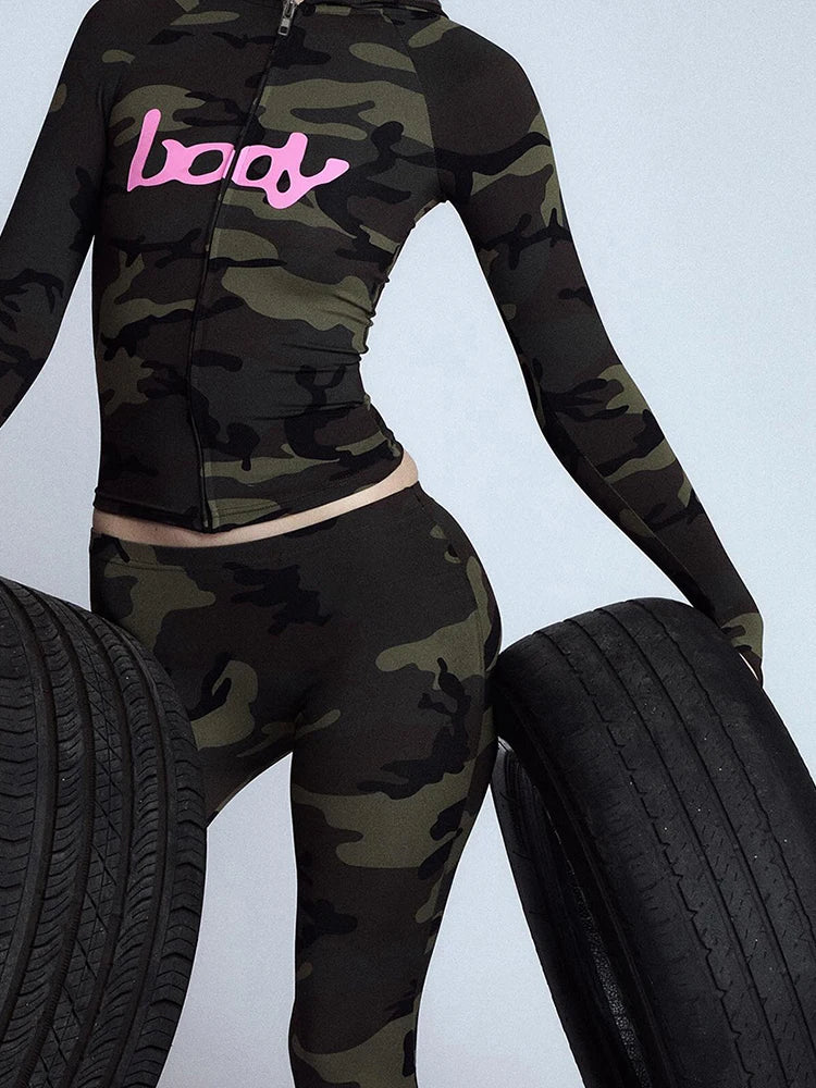 Letter Print 2 Piece Set Women Zip Cardigan Hooded Crop Jacket+Skinny Leggings Hot Girls Wild Sporty Style Outfits