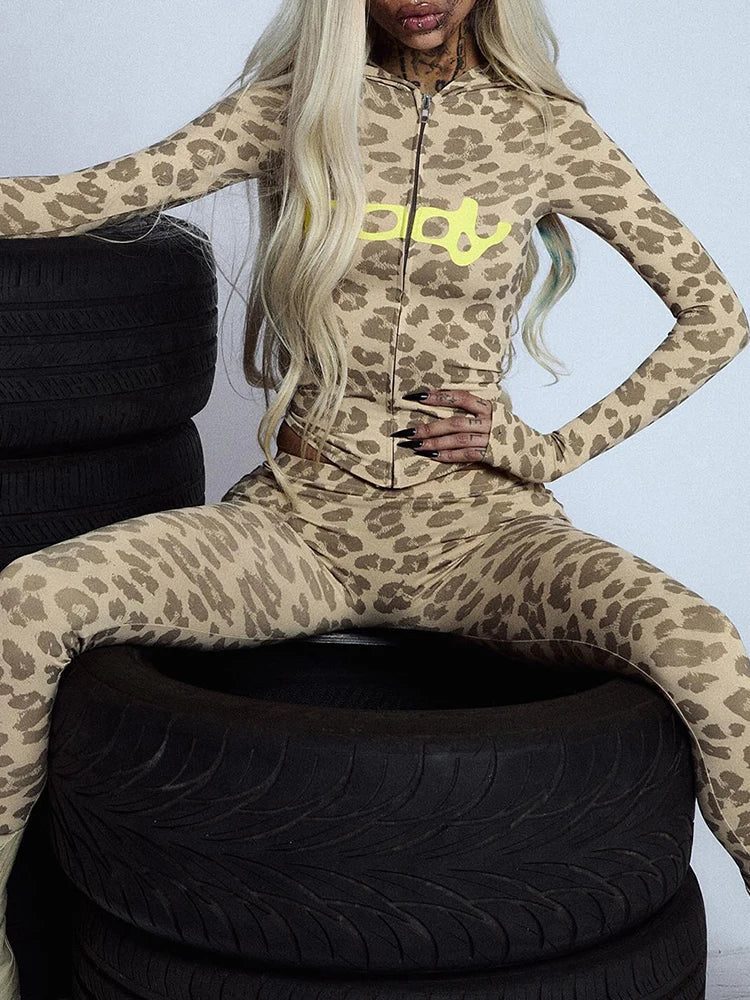 Letter Print 2 Piece Set Women Zip Cardigan Hooded Crop Jacket+Skinny Leggings Hot Girls Wild Sporty Style Outfits